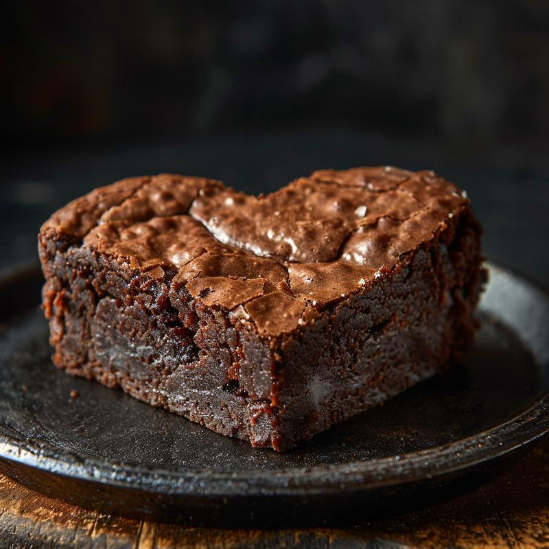 Close-up of heart-shaped brownies on a cast iron surface, showcasing rich textures and dark chocolate color.