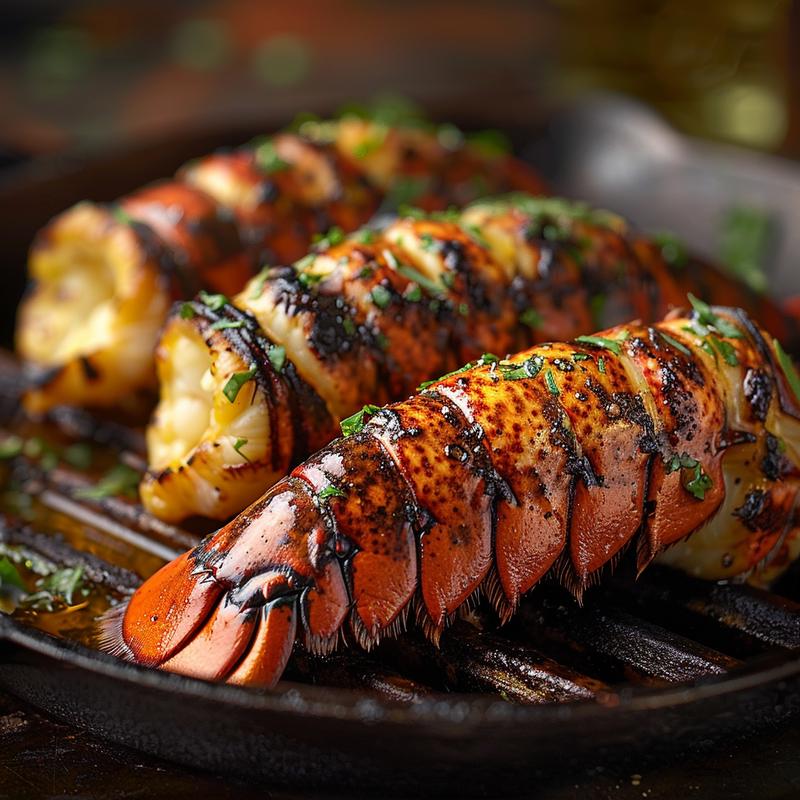 Close-up of grilled lobster tails with charred edges on a rustic cast iron surface.