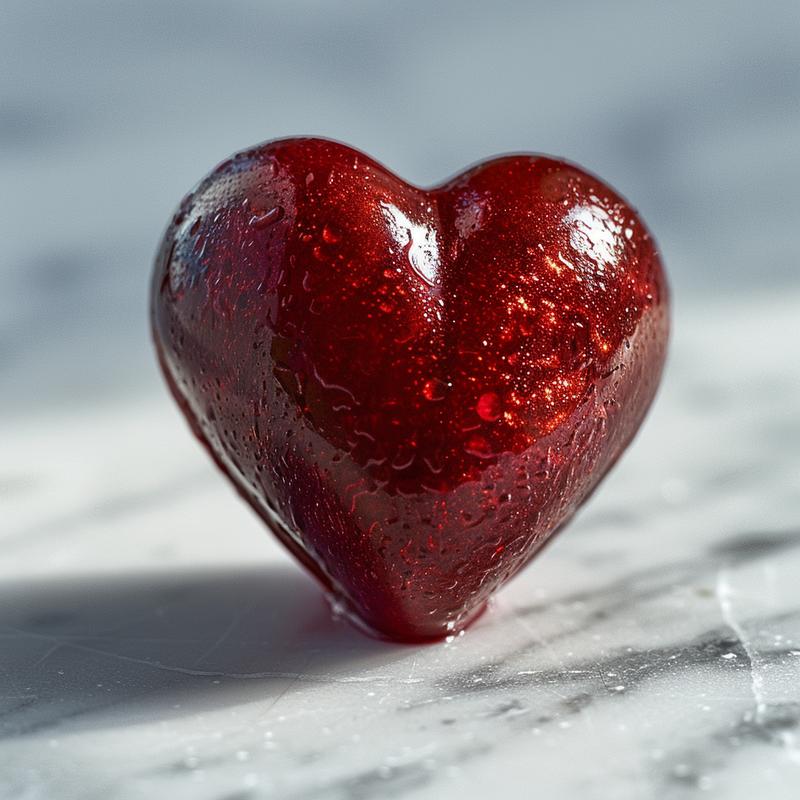 Close-up of a heart-shaped decoration made from red paper, styled on a white marble background.
