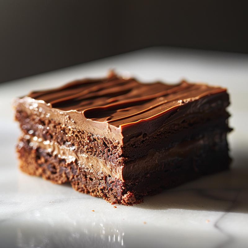 A close-up view of a rich, smooth chocolate fondant cake on a white marble surface.