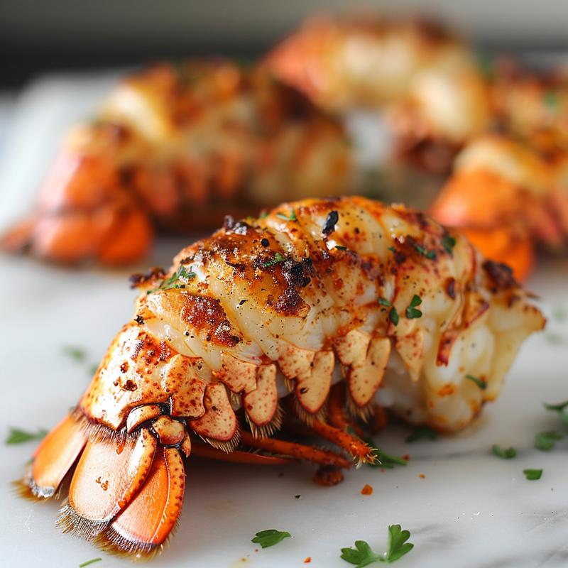 Extreme close-up of cooked lobster tails with a glossy finish on a white marble surface.