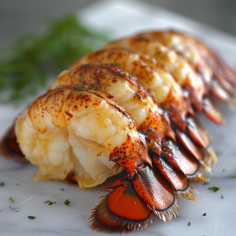 Close-up of a beautifully cooked frozen lobster tail on a marble surface.