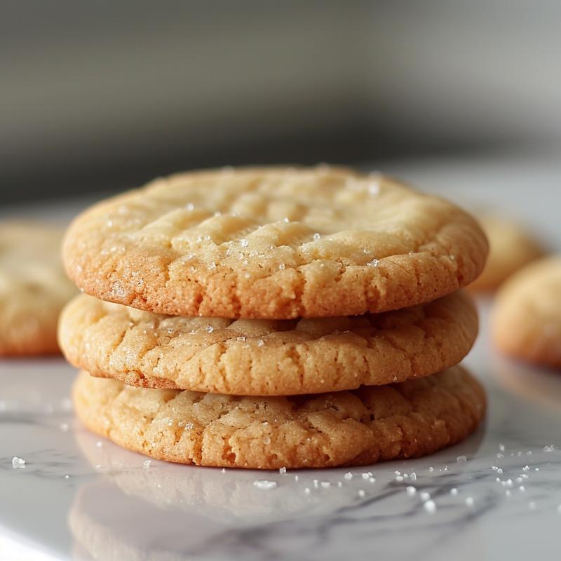 A close-up view of three soft and chewy lemon cookies stacked on a white marble surface.