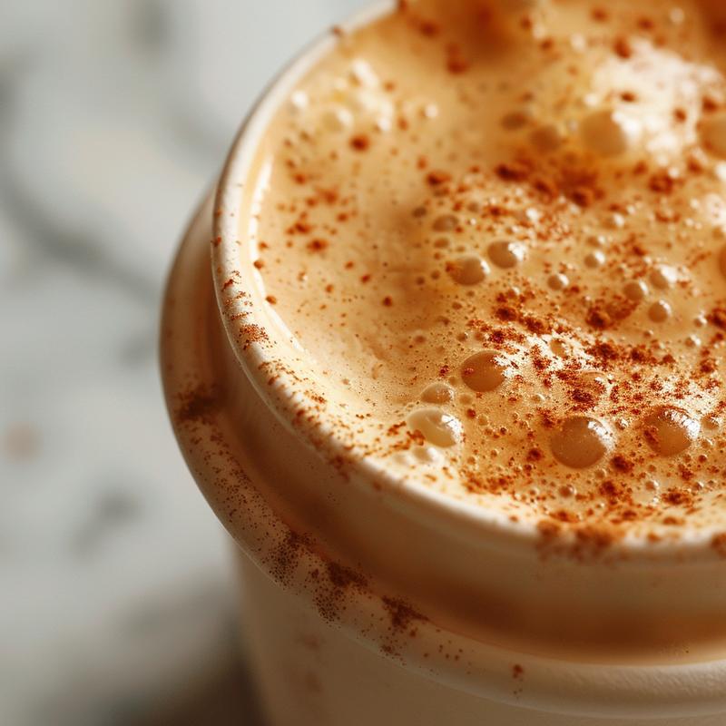 Close-up of a decadent roze chai latte topped with intricate foam art on a white marble surface.