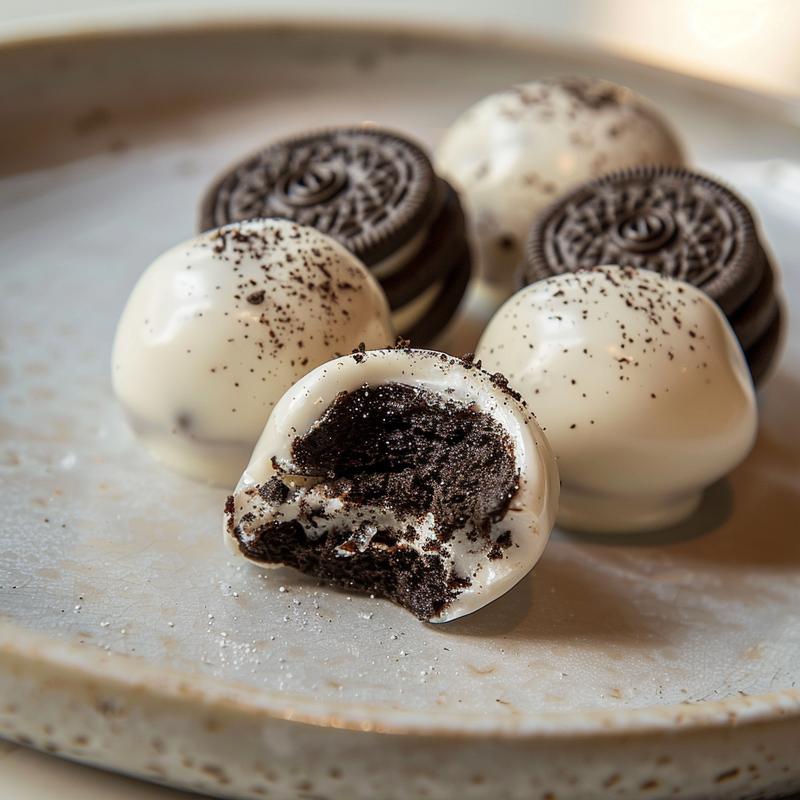 Close-up of Valentine's Day Oreo pops on a light grey ceramic plate, showcasing their texture and decoration.