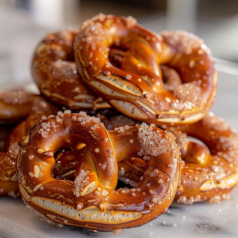 Close-up of heart-shaped pretzels on a white marble surface, showcasing a glossy finish.