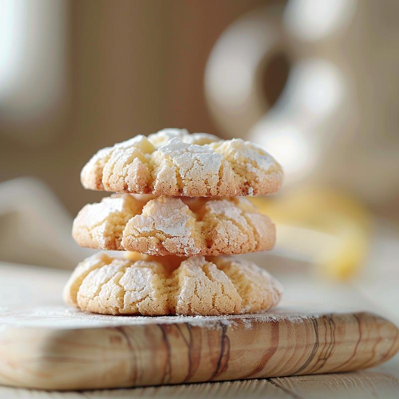 Close-up of three lemon crinkle cookies stacked on a light wood board.