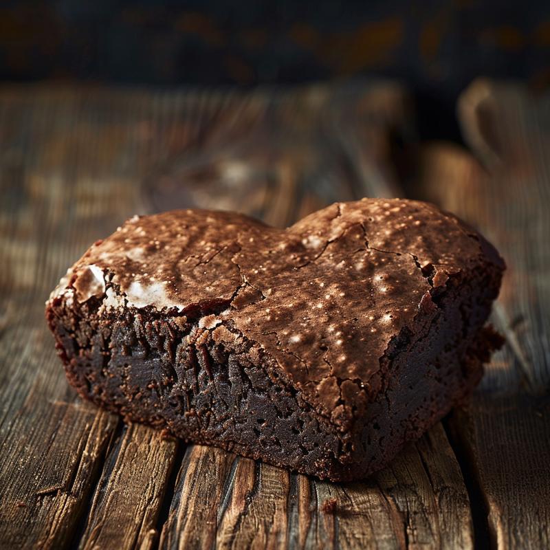 Close-up of a portion of dipped heart brownies on a rustic wooden table with dramatic lighting.
