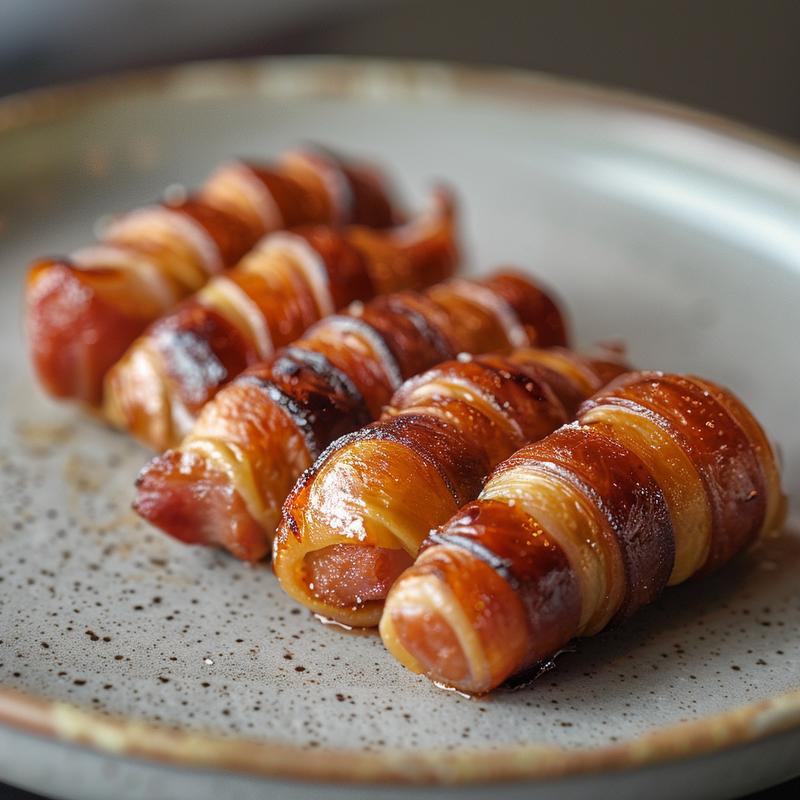 Close-up view of pigs in a blanket on a light grey ceramic plate.