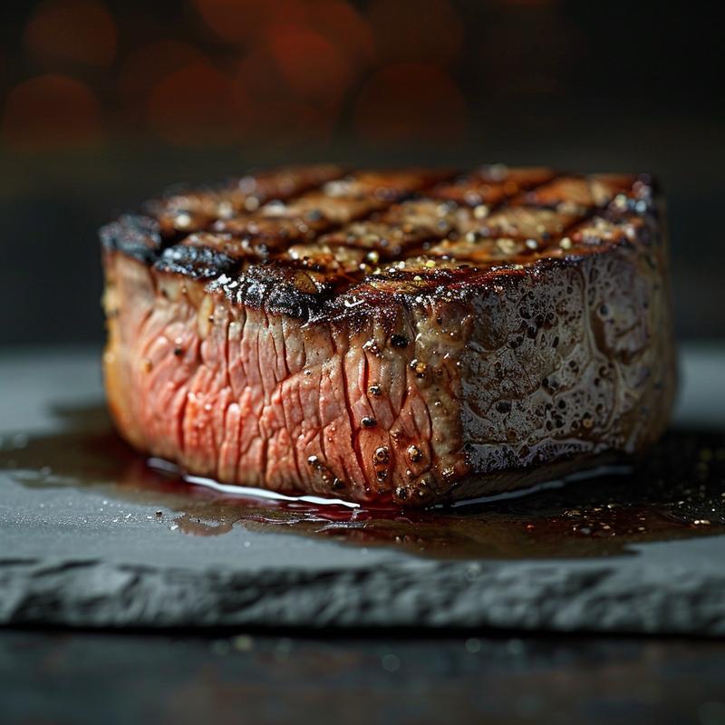 Close-up of a perfectly grilled filet mignon on a rustic slate plate.