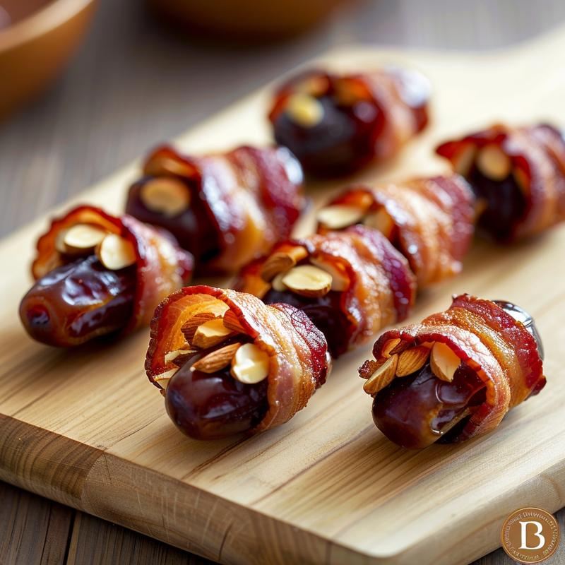 Close-up of bacon-wrapped dates filled with almonds on a wooden board.