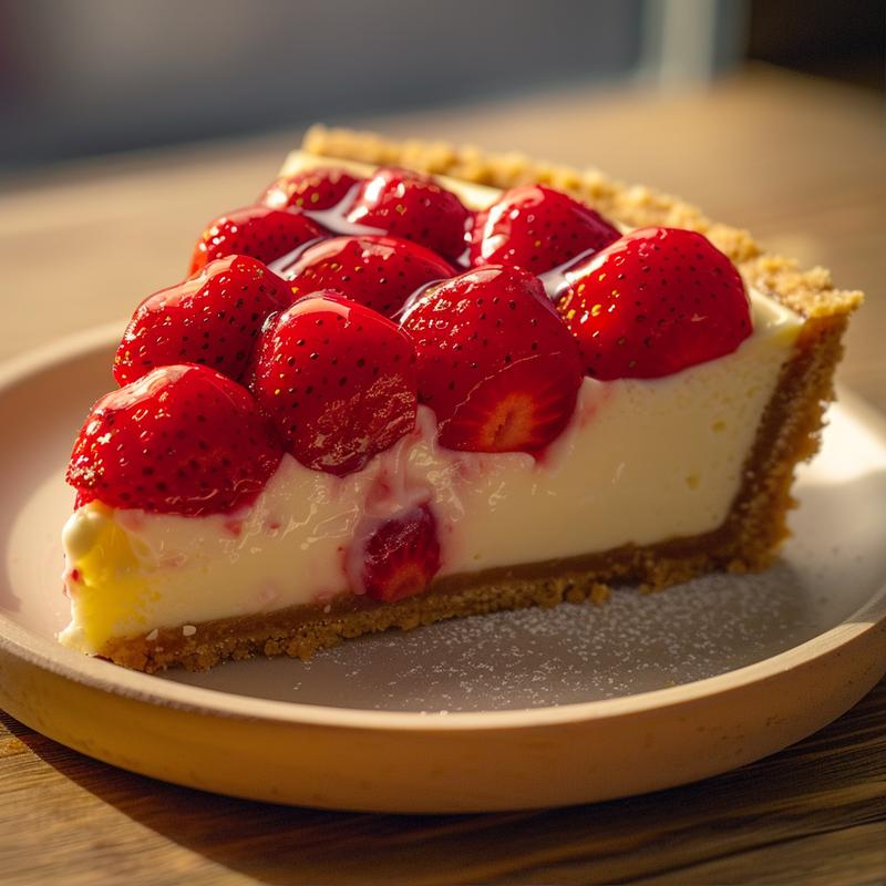 Close-up of halved strawberries filled with creamy cheesecake on a wooden board.