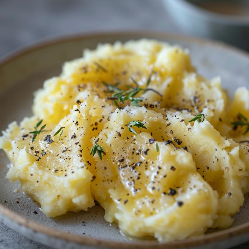 Close-up of creamy mashed potatoes on a light grey ceramic plate.