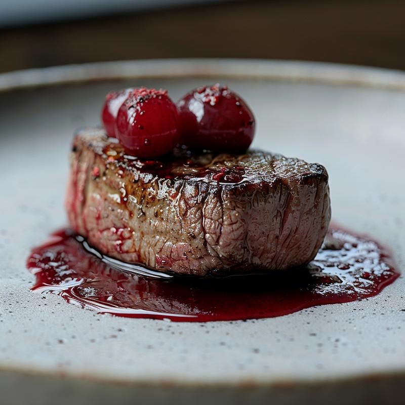 Close-up of a perfectly cooked filet drizzled with red grape juice reduction on a light grey ceramic plate.