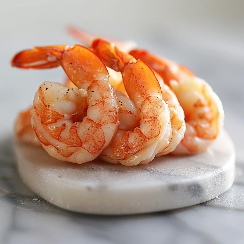 Close-up of a beautifully presented shrimp cocktail in a minimalist style on a white marble surface.