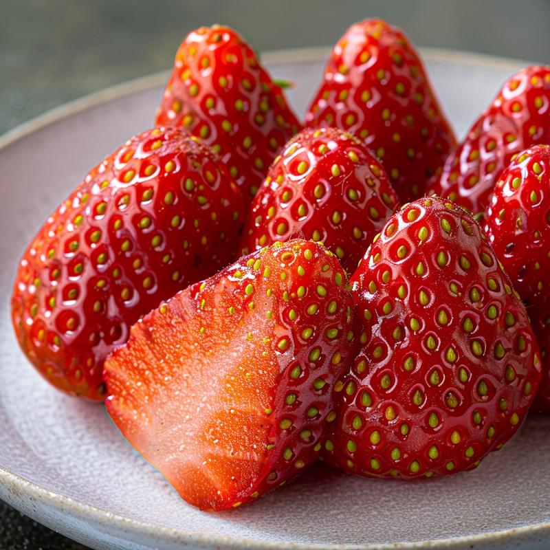 Extreme close-up of strawberry santas on a light grey ceramic plate.