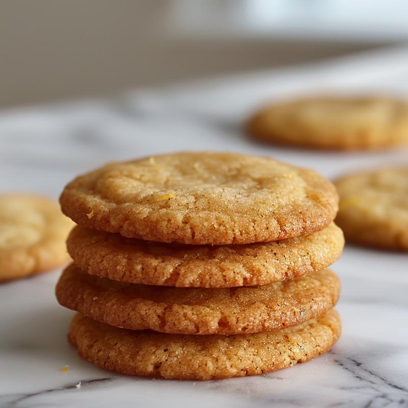 A close-up of a stack of three lemon cookies on a marble surface.