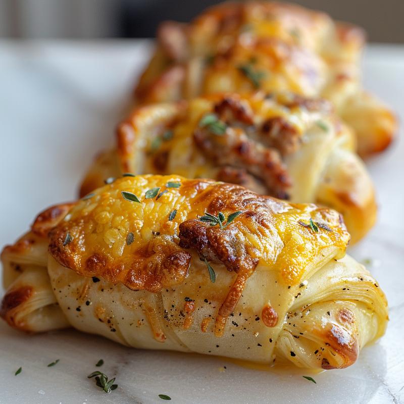 Close-up of golden-brown pigs in a blanket with a cheesy filling on a white marble surface.