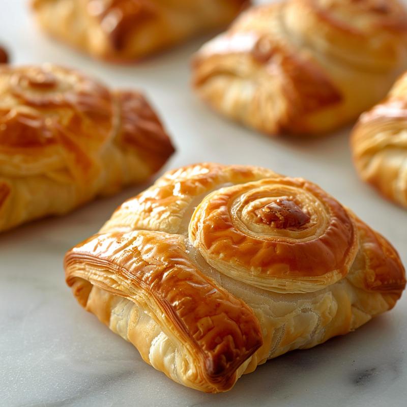 Close-up of flaky puff pastry pigs in a blanket on a marble surface.