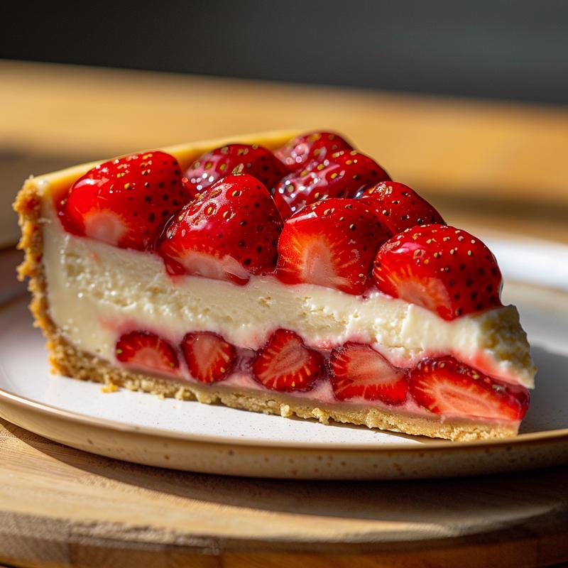 Close-up of cheesecake stuffed strawberries on a light wood board.