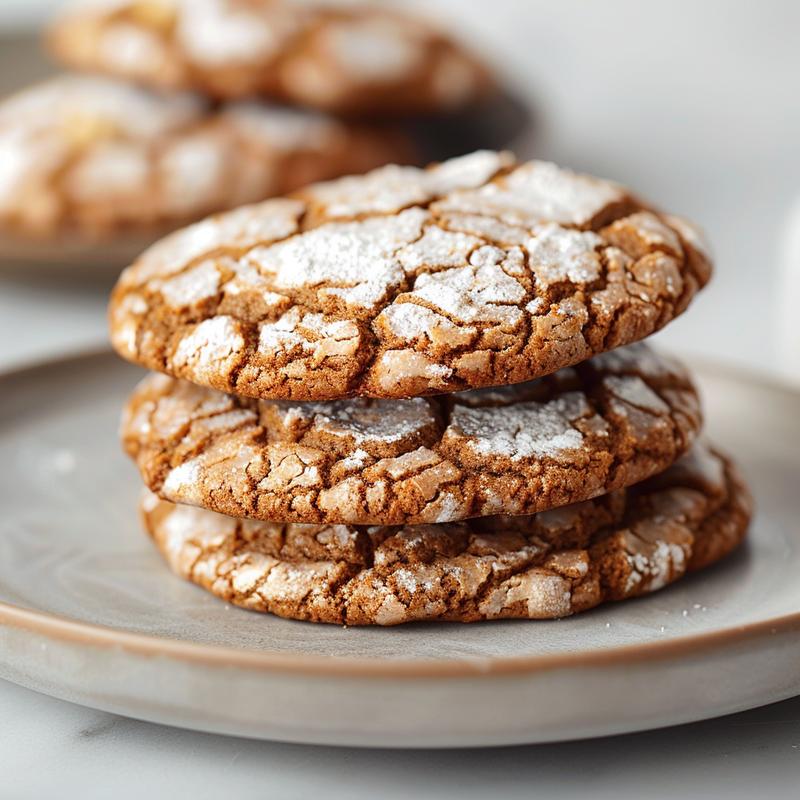 A close-up of three stacked gingerbread chocolate cookies on a simple grey plate.