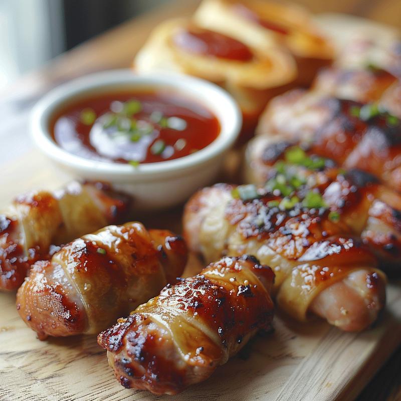 A close-up of a wooden board featuring small bowls of various dipping sauces for pigs in a blanket.