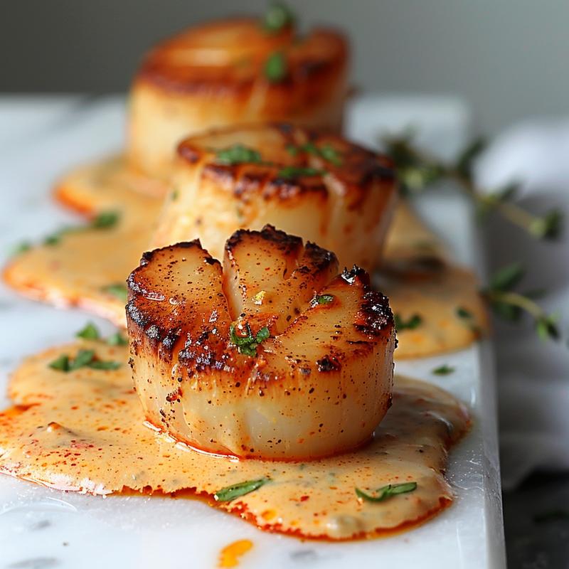 Close-up of seared scallops topped with a creamy, spicy Cajun sauce on a white marble surface.