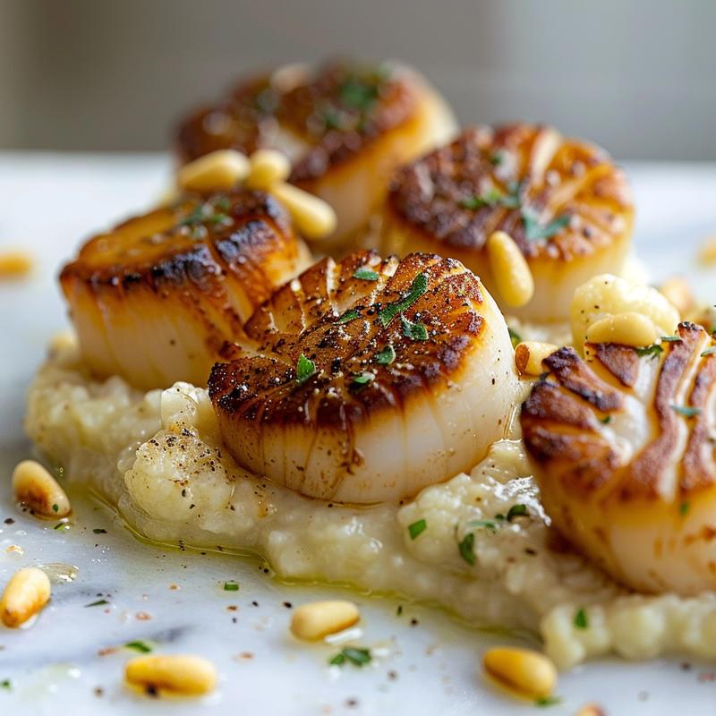 Close-up of seared scallops arranged on a smooth cauliflower puree with scattered pine nuts.