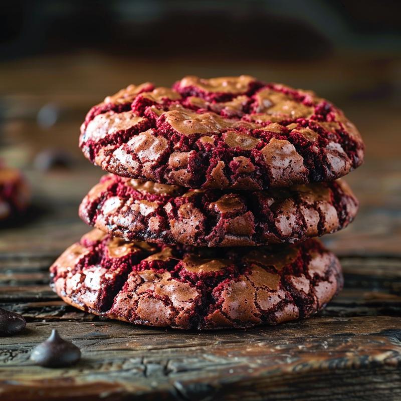 A close-up of three stacked red velvet brownie crinkle cookies on a dark wooden table.