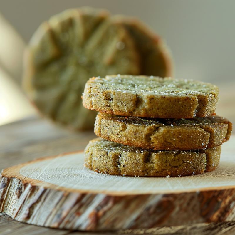 A stack of three freshly baked white chocolate peppermint cookies on a light wooden board, illuminated by natural light.