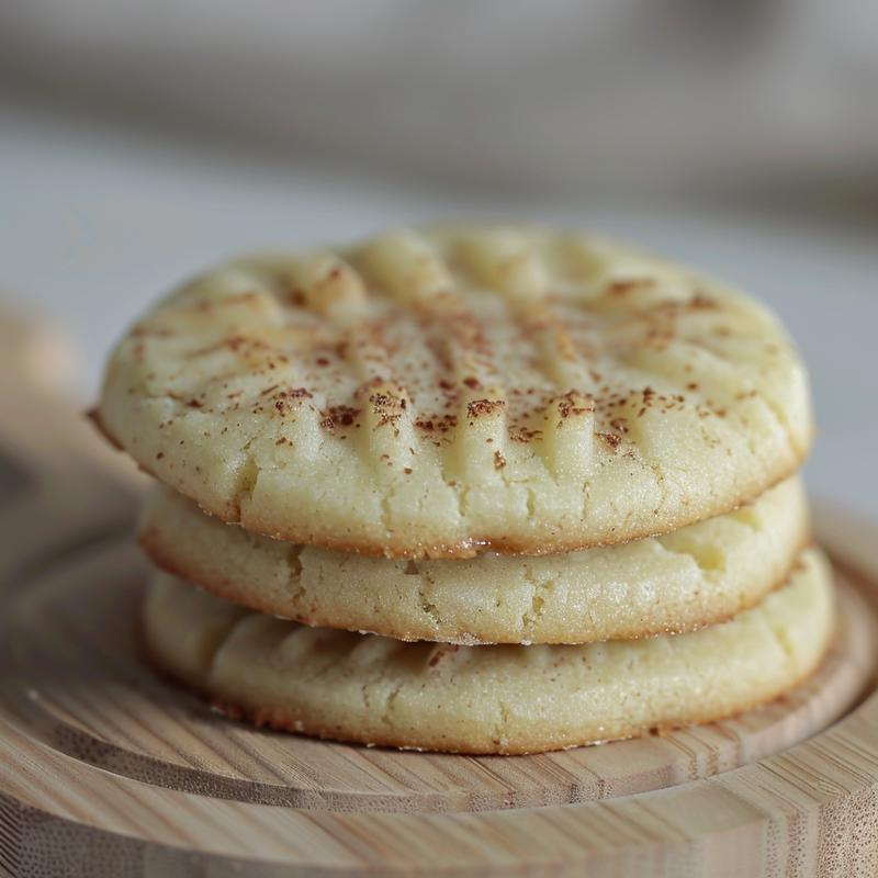 A close-up of three Christmas thumbprint cookies stacked on a light wood board.