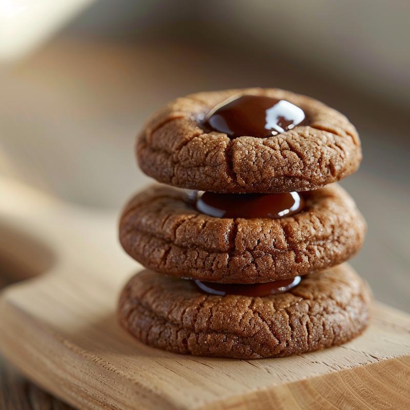 A stack of three thumbprint cookies on a light grey ceramic plate, with a soft focus background.