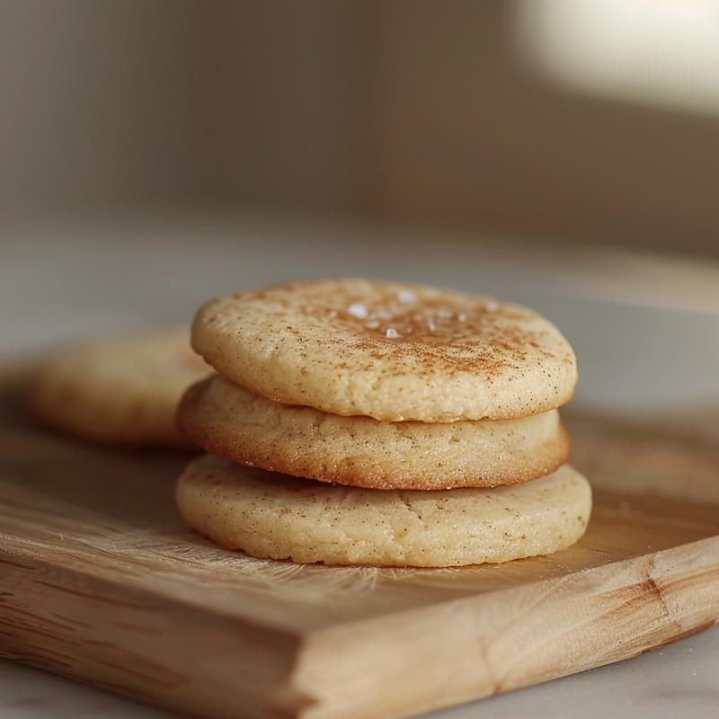 A close-up of three melt mouth eggnog cookies stacked on a light natural wood surface.