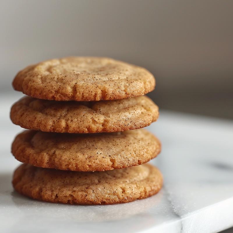 Extreme close-up of three freshly baked eggnog cookies stacked on a white marble surface.