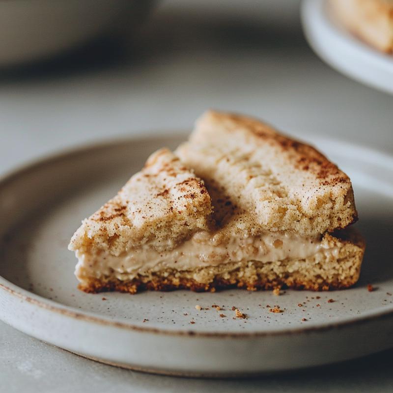 Close-up of a slice of Christmas eggnog shortcake cookie on a light grey ceramic plate.