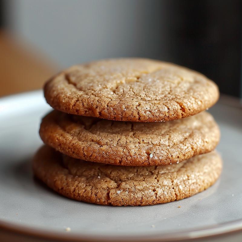 A close-up of three stacked eggnog cookies on a light grey ceramic plate.