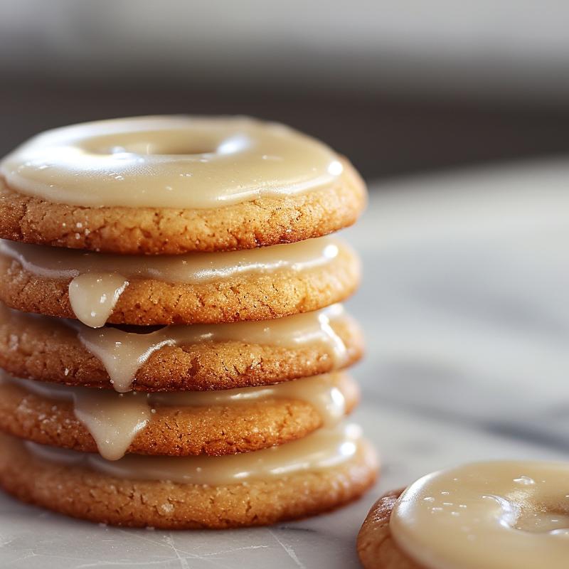 Extreme close-up of three stacked sugar cookies with a smooth, hardened icing on a white marble surface.