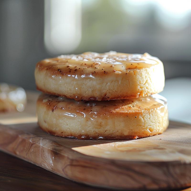 A close-up view of three freshly baked Christmas cookies stacked on a light wood board.