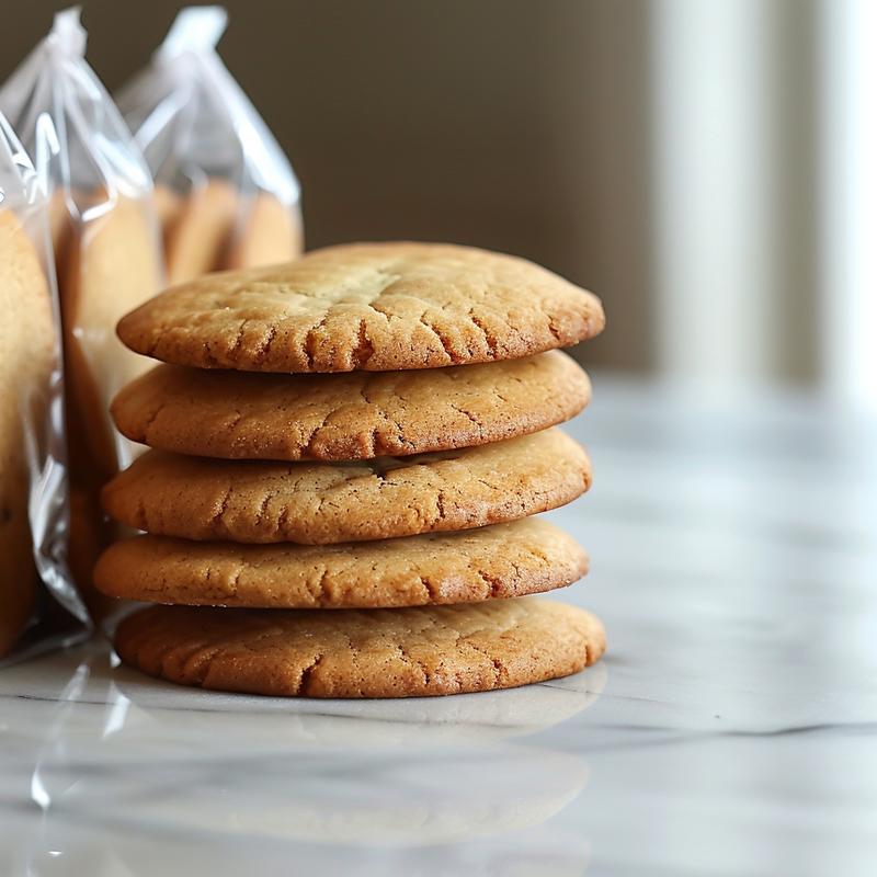 Three freshly baked cookie bags stacked on a white marble surface.