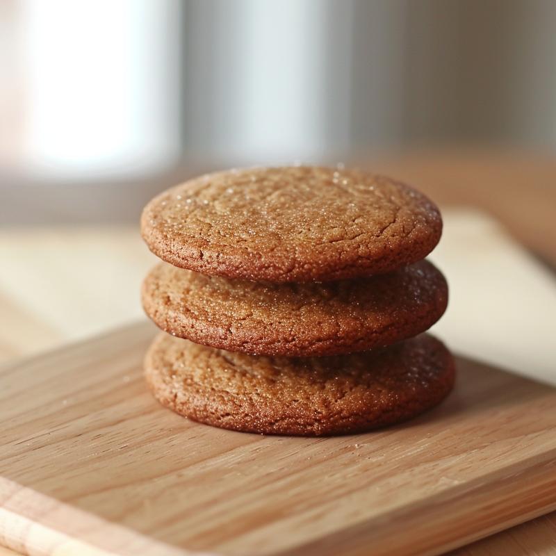 Close-up of three stacked gingerbread cookies on a light wooden surface, illuminated by natural light.