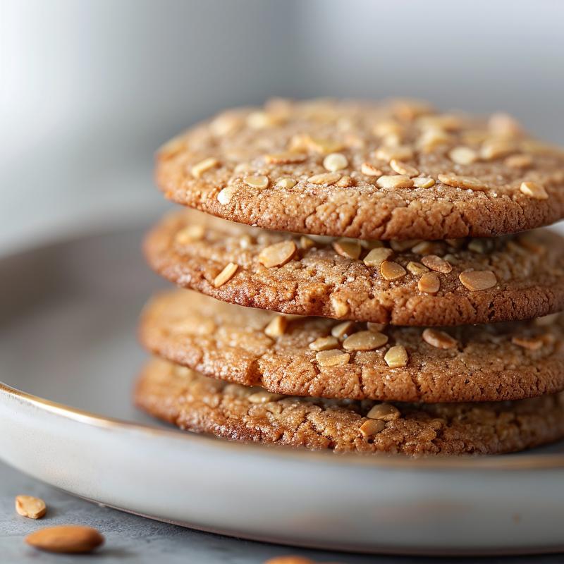 A stack of three almond flour cookies on a light grey ceramic plate.