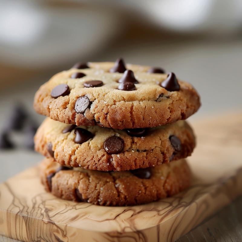 A close-up of three giant chewy keto chocolate chip cookies stacked on a light wood board.