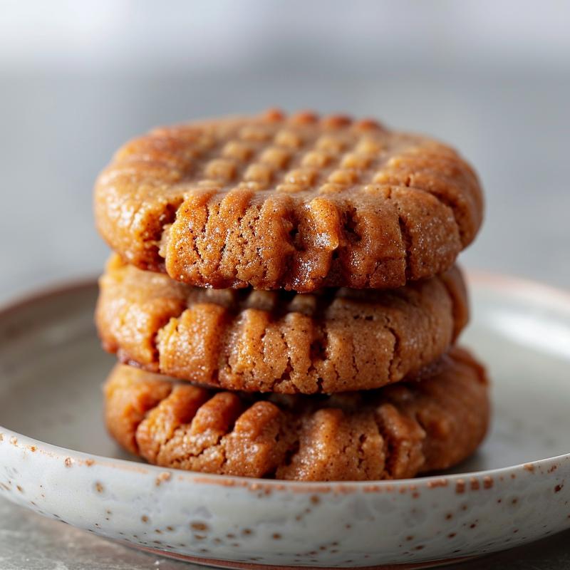 A close-up view of three keto peanut butter cookies stacked on a light grey ceramic plate.