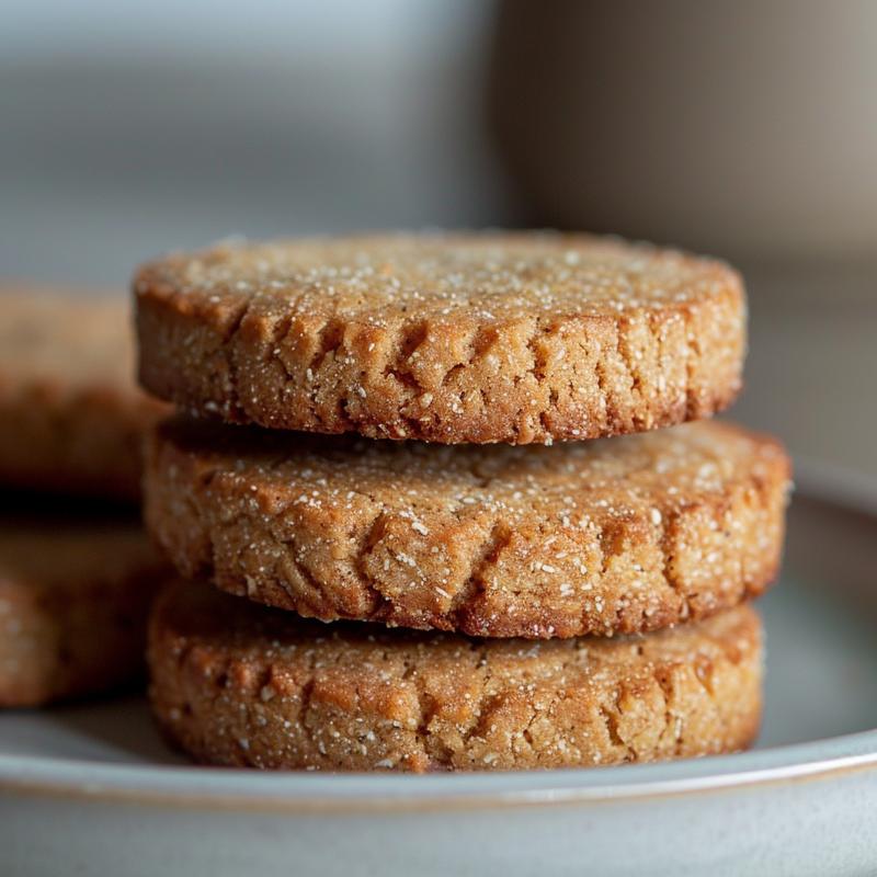 Three freshly baked keto coconut flour cookies stacked on a light grey ceramic plate.