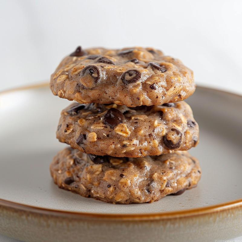 Close-up of three chai spice chocolate chip oatmeal cookies on a light grey ceramic plate.