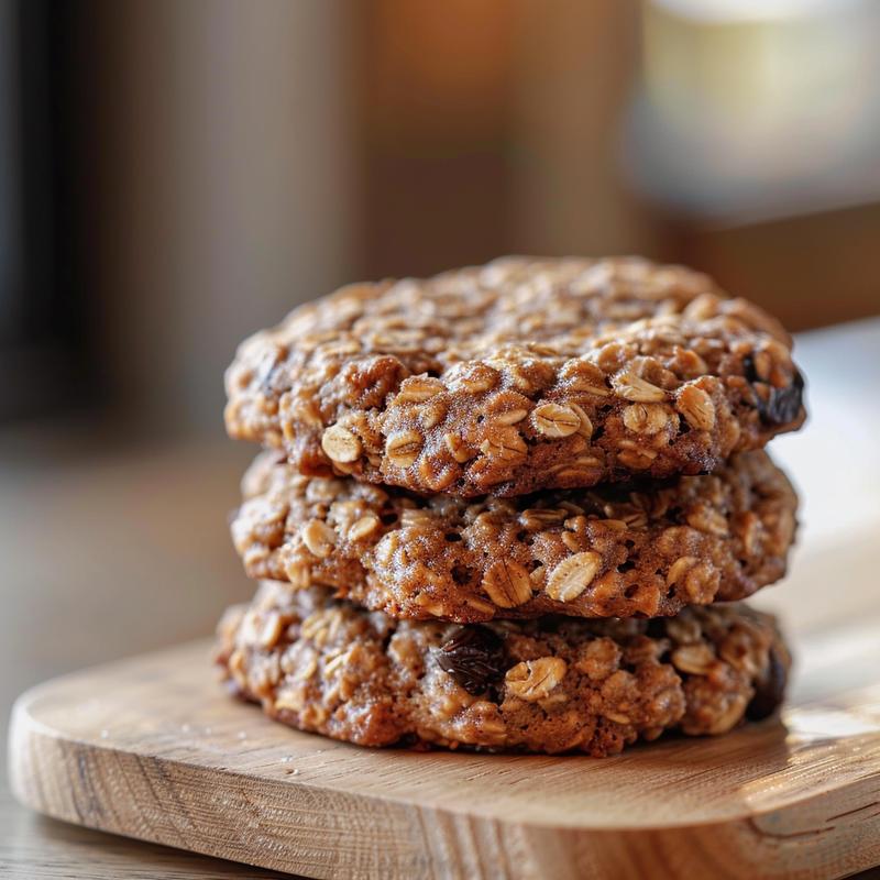 A close-up of three stacked healthy oatmeal cookies on a light wood board.
