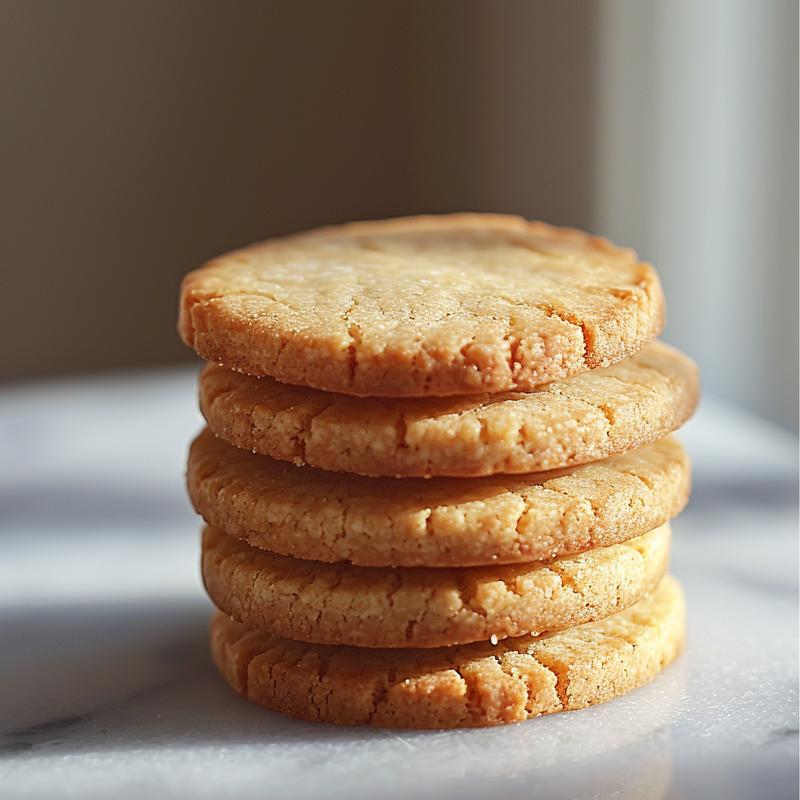 Close-up of three golden shortbread cookies stacked on a marble surface.