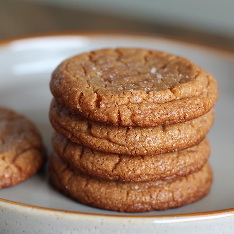 Three flourless peanut butter cookies stacked on a grey ceramic plate.