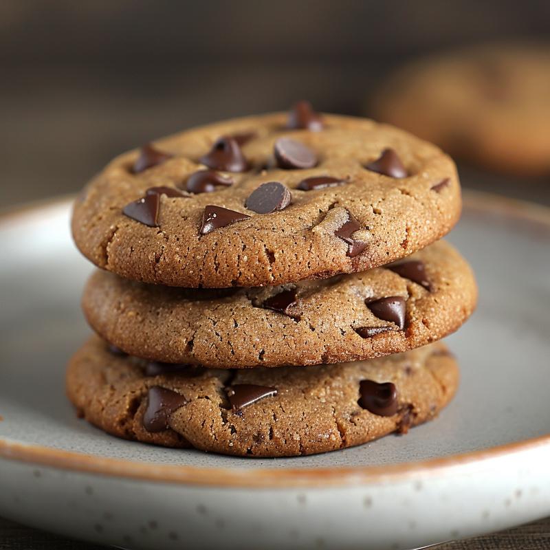 Close-up of three gluten-free chocolate chip cookies on a light grey plate.