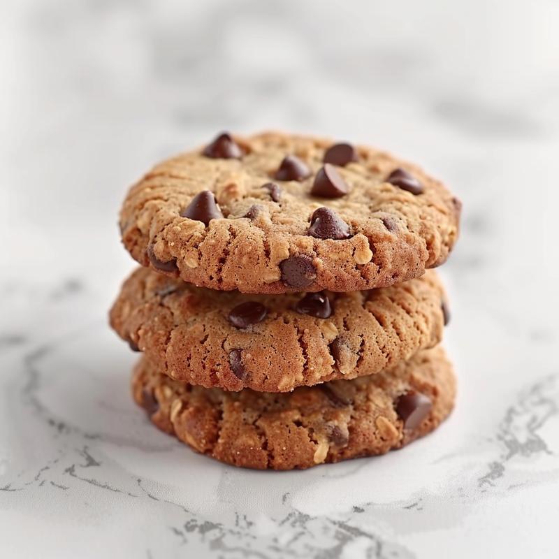 A close-up of three chewy gluten-free oatmeal chocolate chip cookies stacked on a marble surface.